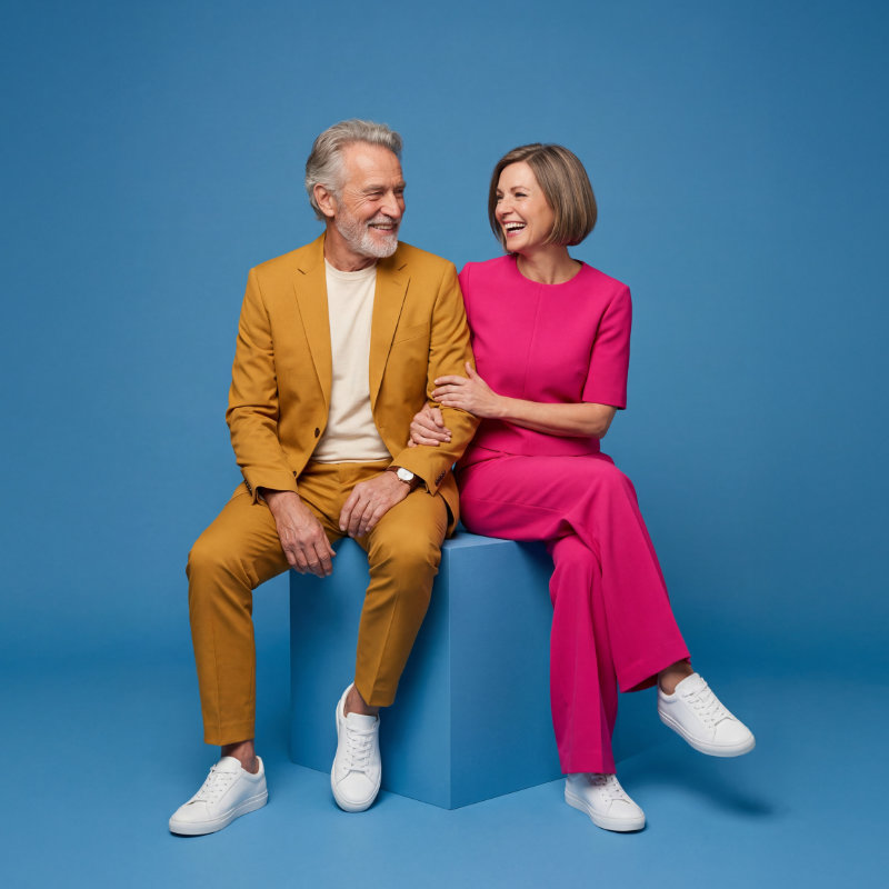 Ein älteres Paar – er im senffarbenem Anzug, sie in einem pinkfarbenem Outfit – sitzen vor blauem Hintergrund auf einem blauen Würfel und lachen