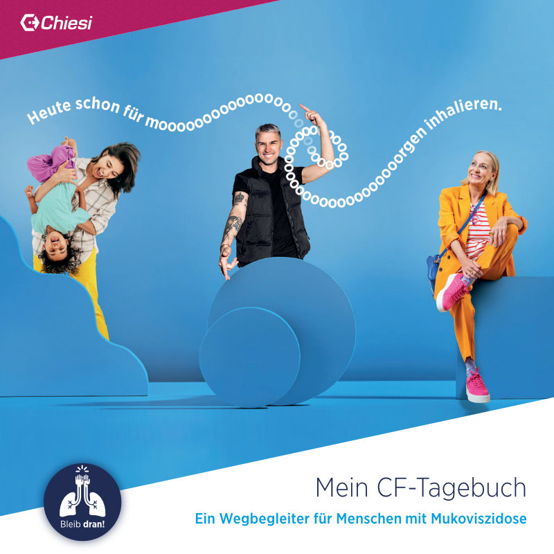 Titelseite der PDF-Datei „Mein CF-Tagebuch“, ein Symptom-Tagebuch für Mukoviszidose-Patienten, von Chiesi