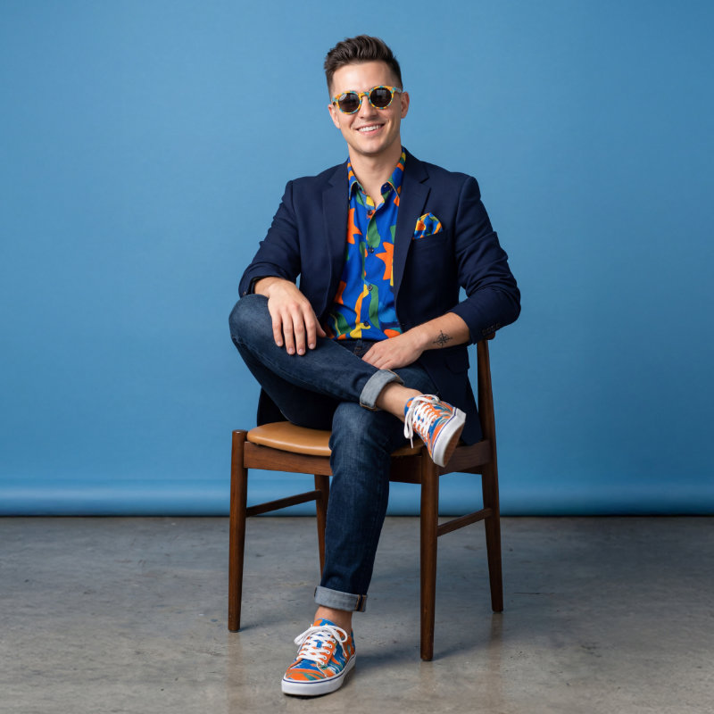 Ein junger Mann sitzt lächelnd auf einem Holzstuhl vor einem blauen Hintergrund; er trägt eine Sonnenbrille, ein buntes Hemd mit einer dunkelblauen Jacke, Jeans und Turnschuhe.
