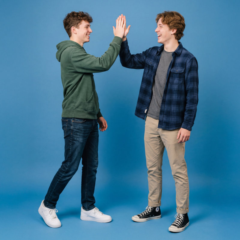 Zwei junge Männer klatschen sich vor einem blauen Hintergrund ab und lachen dabei.