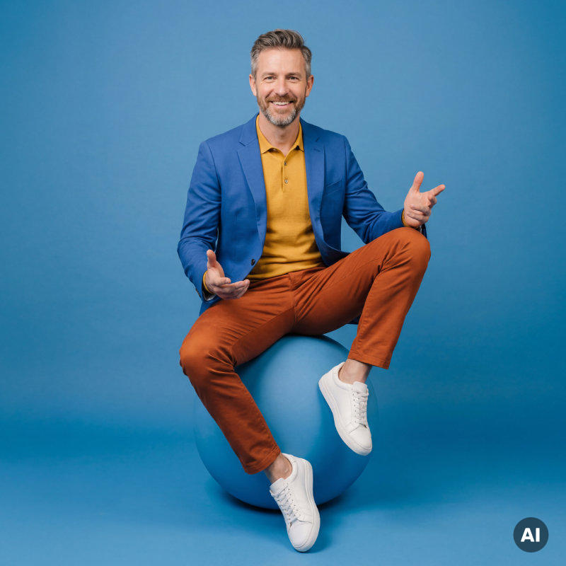 Mittelalter Mann mit Bart, gekleidet in orangefarbener Hose, gelbem Shirt und blauem Jacket, sitzt vor blauem Hintergrund auf einem blauen Würfel. (Teilweise KI generiert)