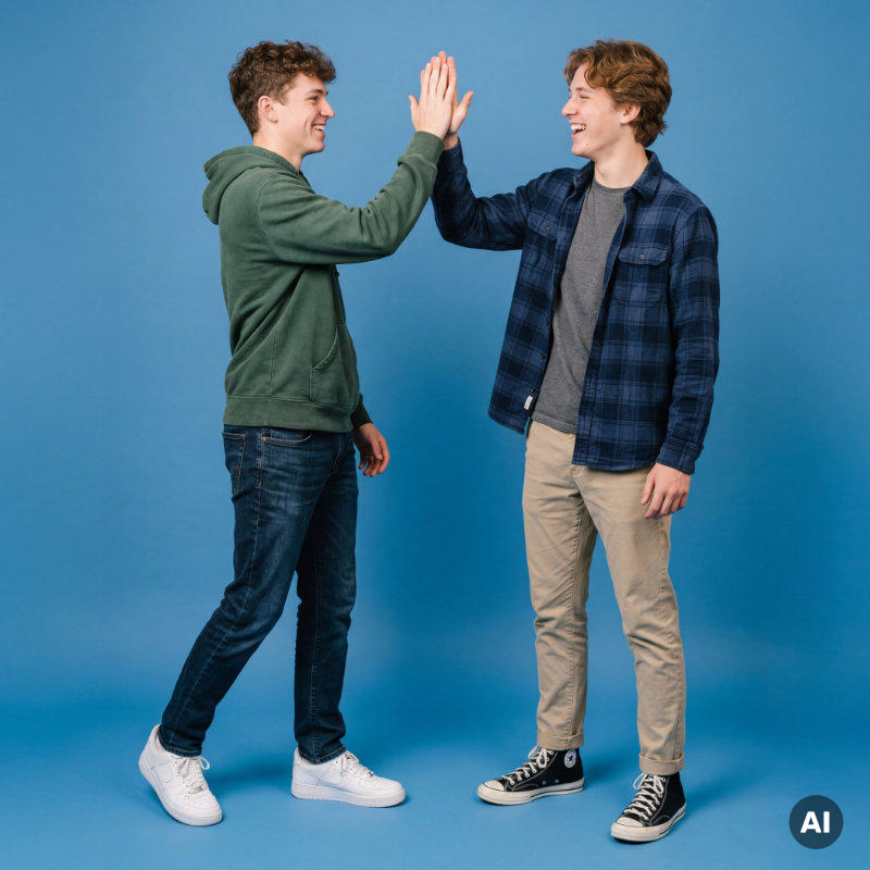 Zwei junge Männer klatschen sich vor einem blauen Hintergrund ab und lachen dabei. (Teilweise KI generiert)